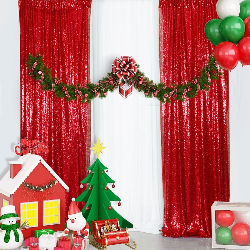 SquarePie Sequin Curtain Backdrop 2FT x 8FT Red 2pcs Background for Wedding Party Christmas - Image 3